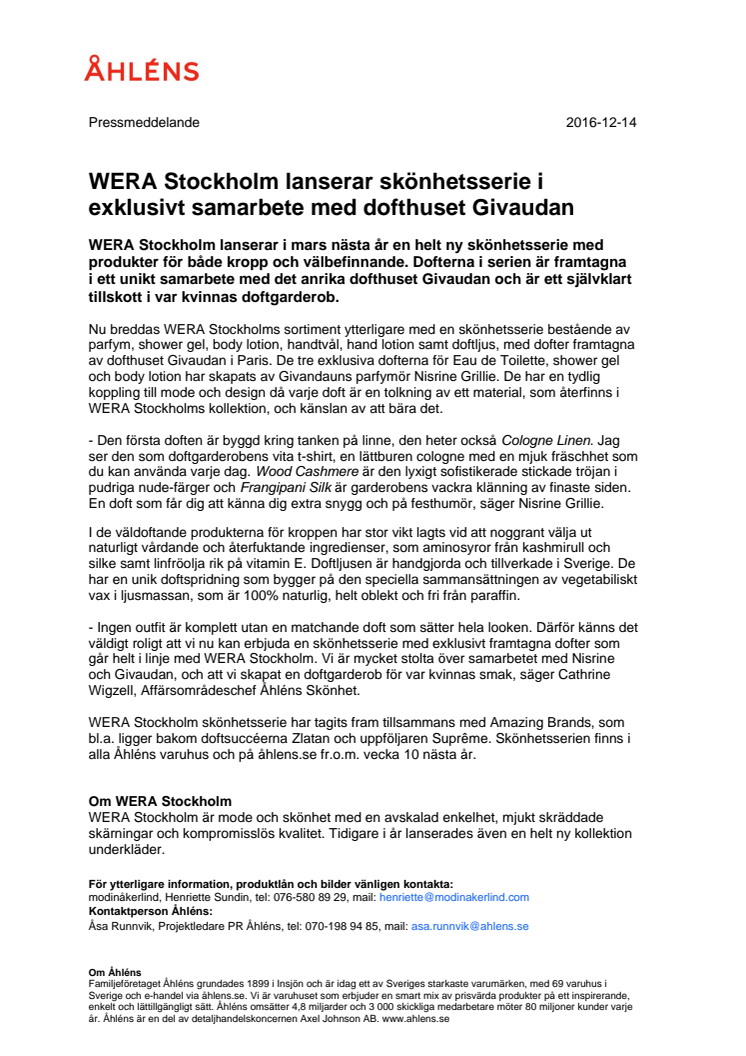 WERA Stockholm lanserar skönhetsserie i exklusivt samarbete med dofthuset Givaudan 