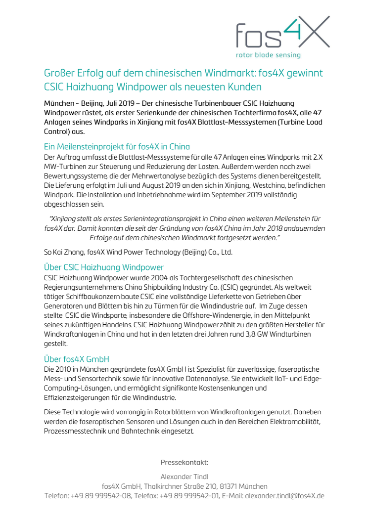 Großer Erfolg auf dem chinesischen Windmarkt: fos4X gewinnt CSIC Haizhuang Windpower als neuesten Kunden