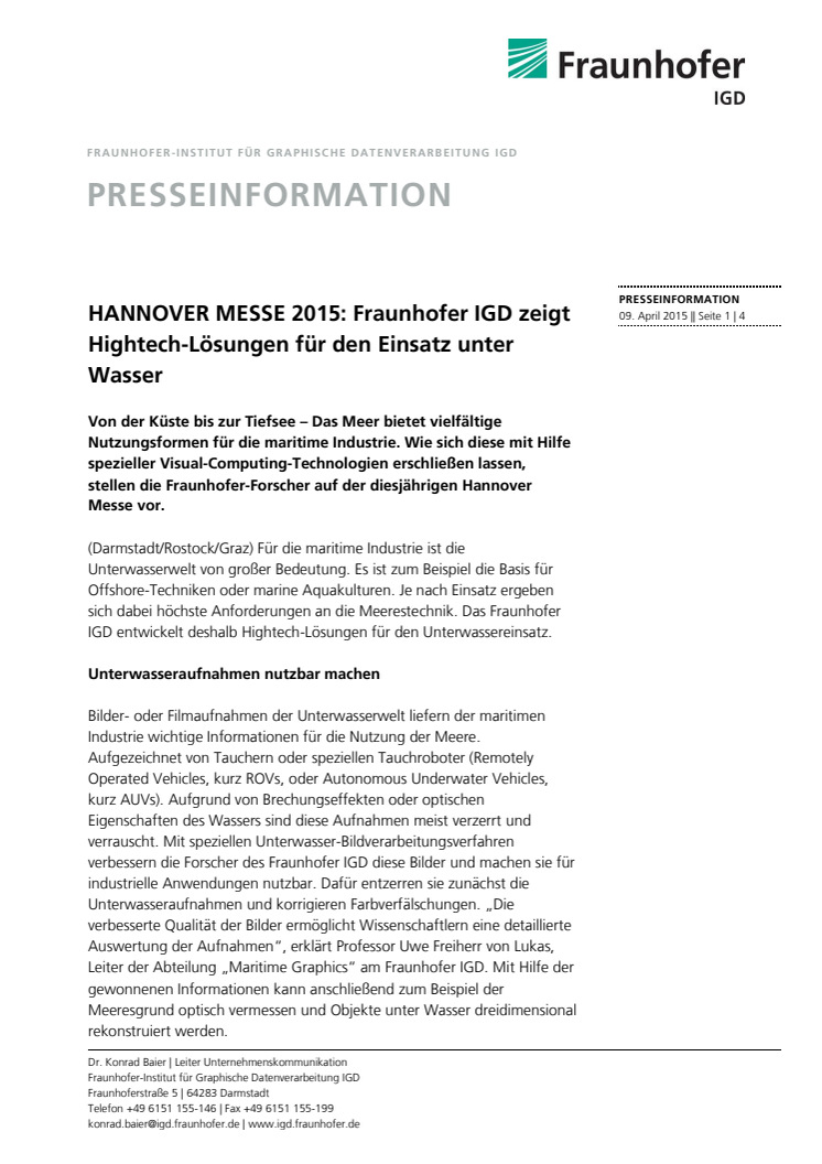 HANNOVER MESSE 2015: Fraunhofer IGD zeigt Hightech-Lösungen für den Einsatz unter Wasser