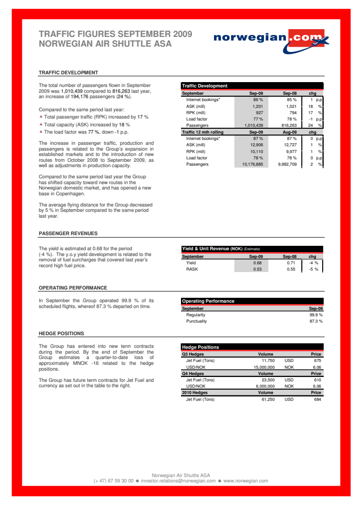 Report - Traffic Figures September 2009