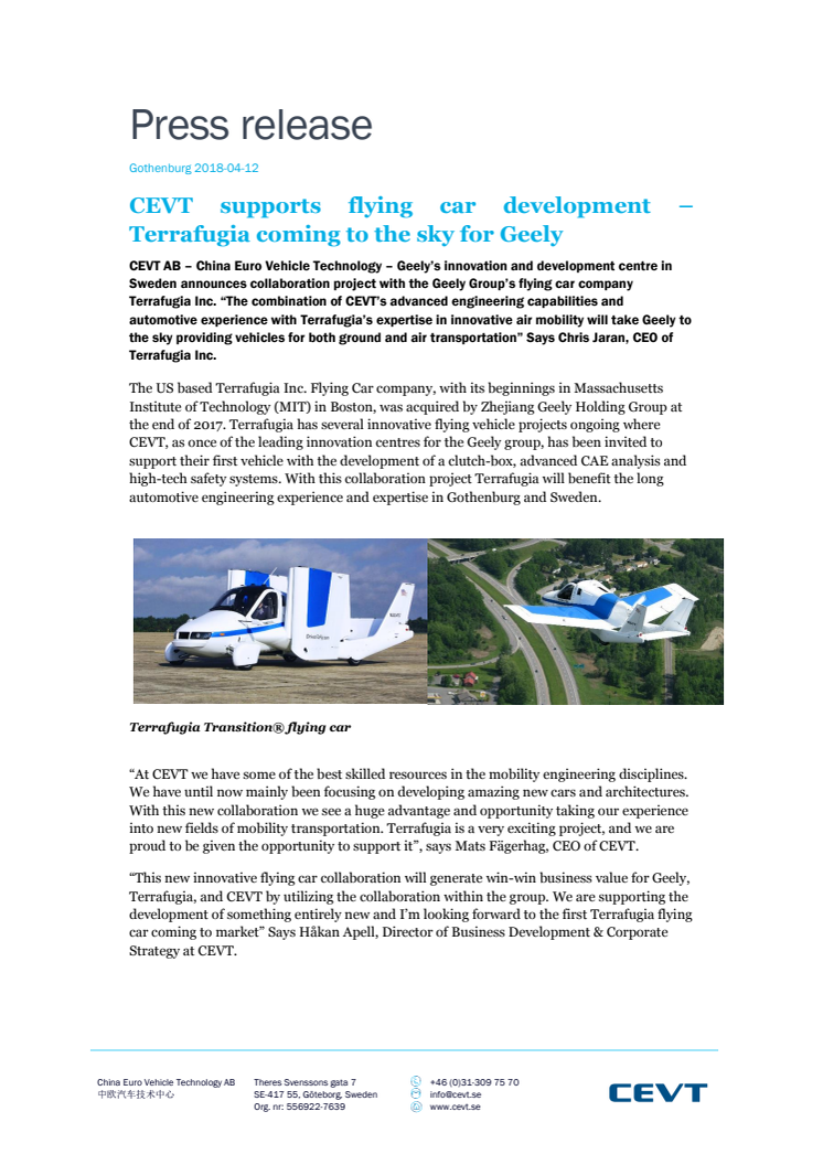 CEVT supports flying car development – Terrafugia coming to the sky for Geely