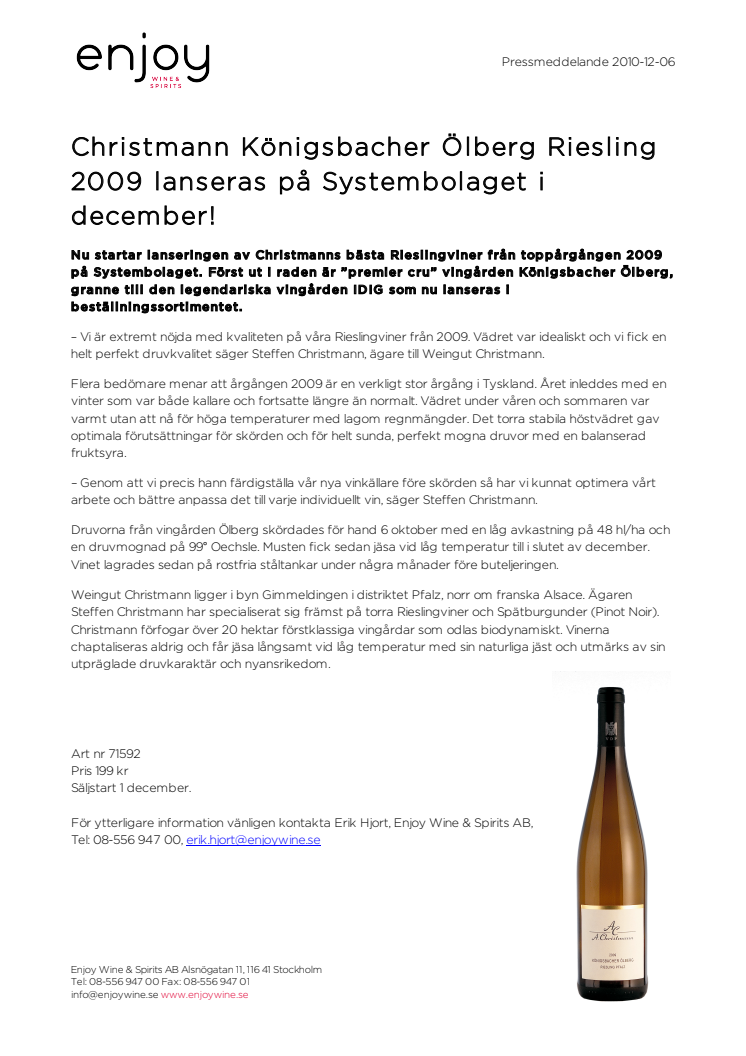 Christmann Königsbacher Ölberg Riesling 2009 lanseras på Systembolaget i december!