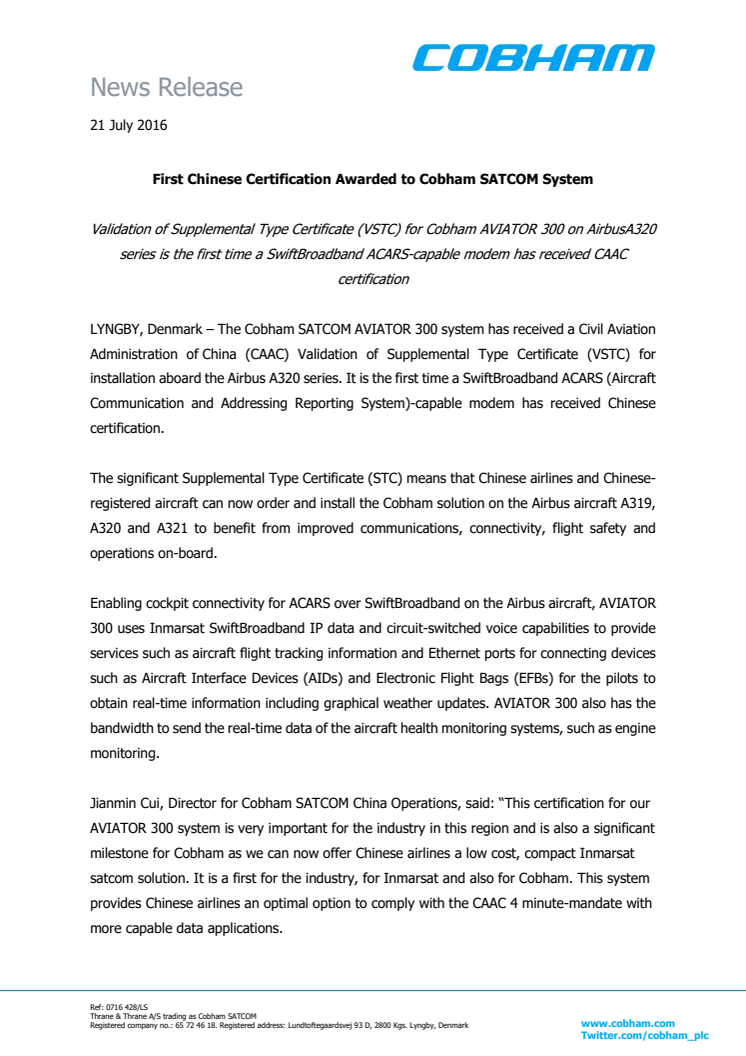 Cobham SATCOM: First Chinese Certification Awarded to Cobham SATCOM System