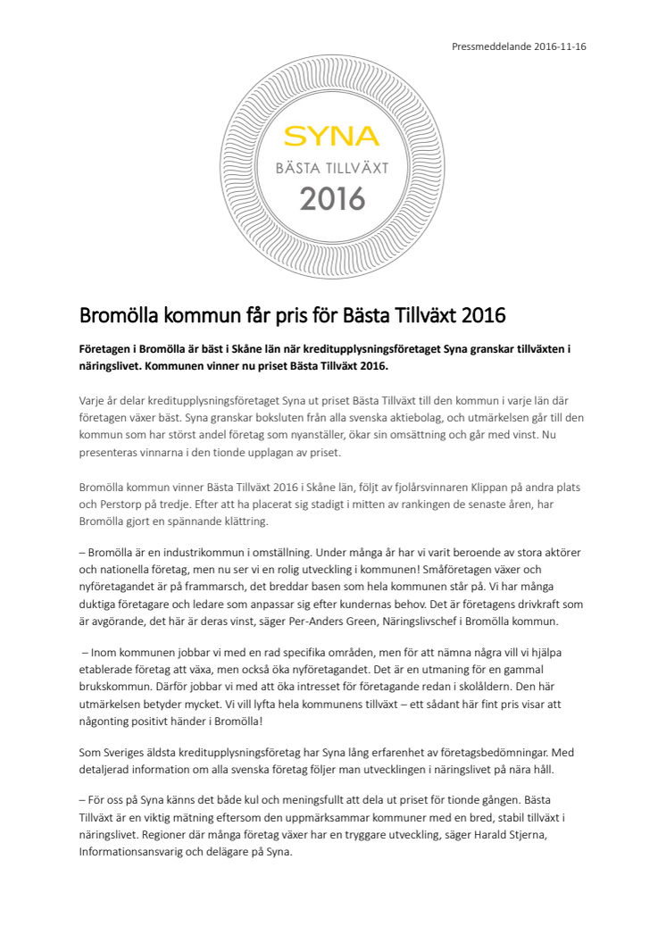 Bromölla kommun får pris för Bästa Tillväxt 2016