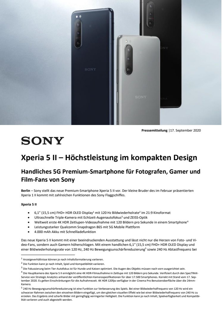 Sony Pressemitteilung - Sony stellt das Xperia 5 II vor