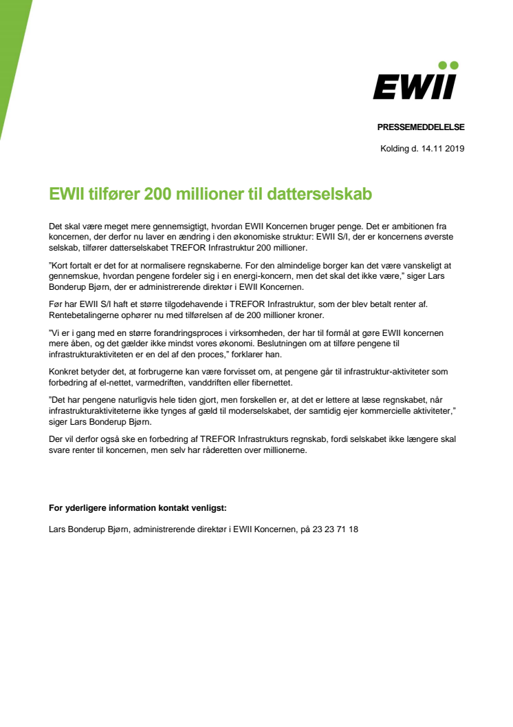 EWII tilfører 200 millioner til datterselskab 