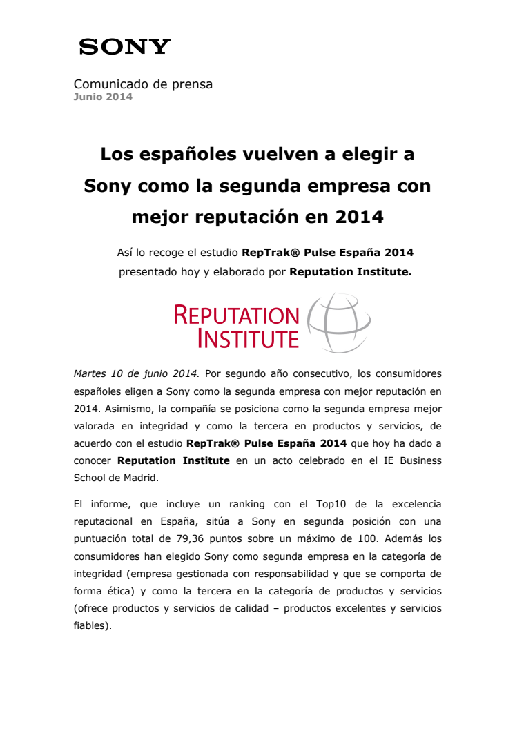 Los españoles vuelven a elegir a Sony como la segunda empresa con mejor reputación en 2014