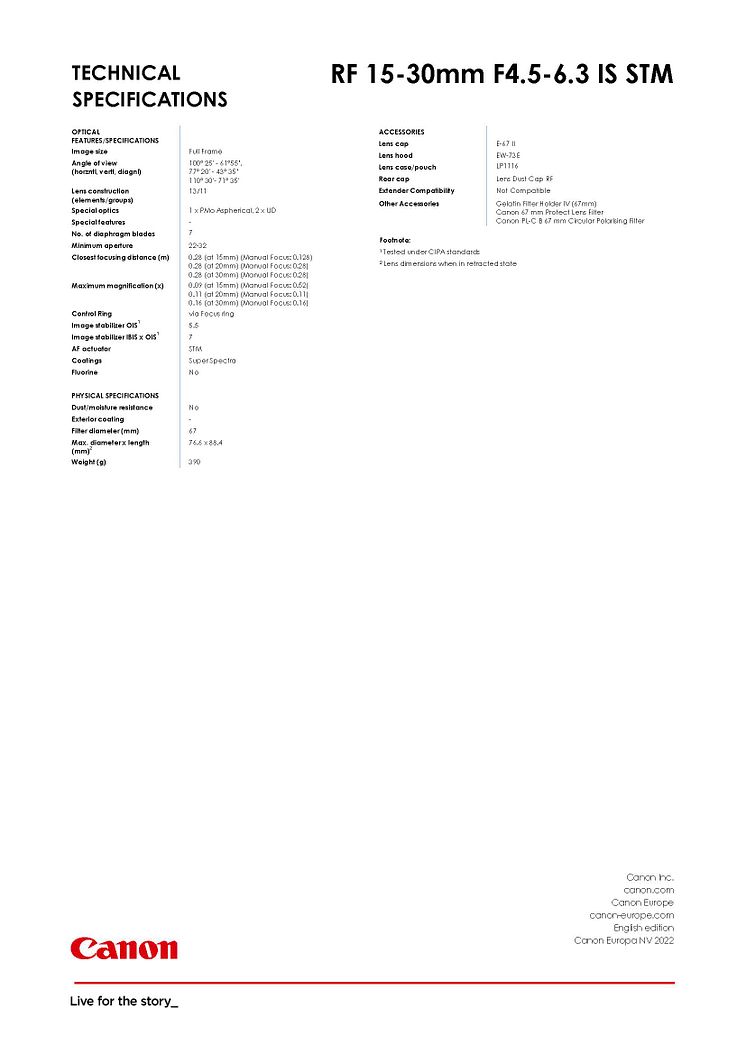 RF 15-30mm Spec Sheet