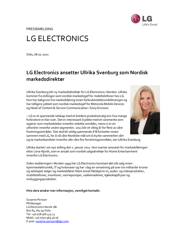 LG Electronics ansetter Ullrika Svenburg som nordisk markedsdirektør