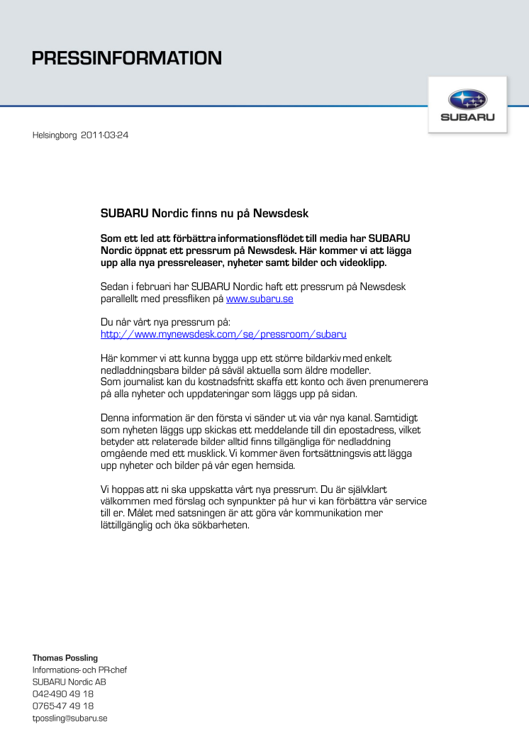 SUBARU Nordic finns nu på Newsdesk