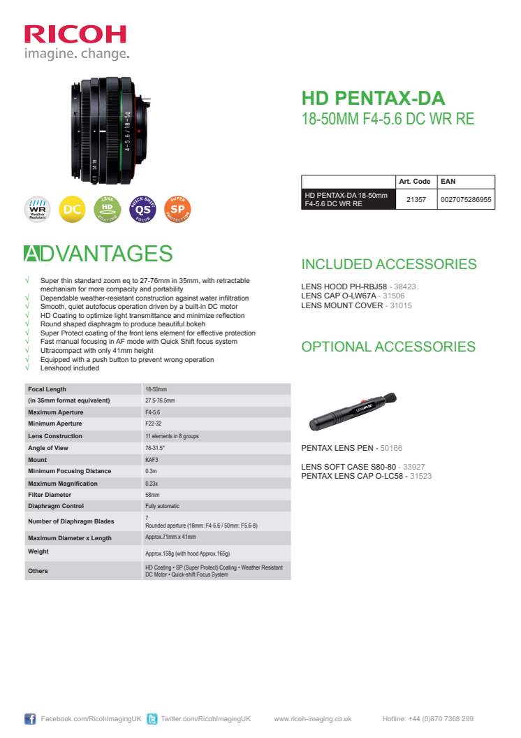 HD Pentax DA 18-50mm F/4-5,6 DC WR RE, specifikationer