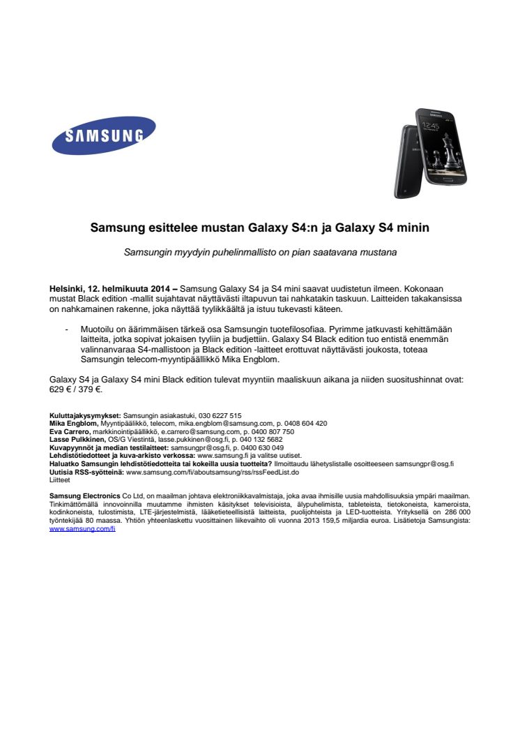 Samsung esittelee mustan Galaxy S4:n ja Galaxy S4 minin