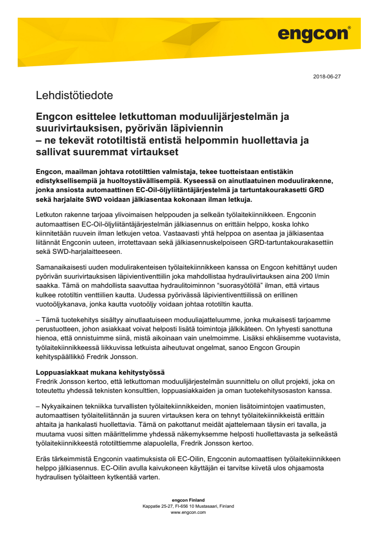 Engcon esittelee letkuttoman moduulijärjestelmän ja suurivirtauksisen, pyörivän läpiviennin – ne tekevät rototiltistä entistä helpommin huollettavia ja sallivat suuremmat virtaukset