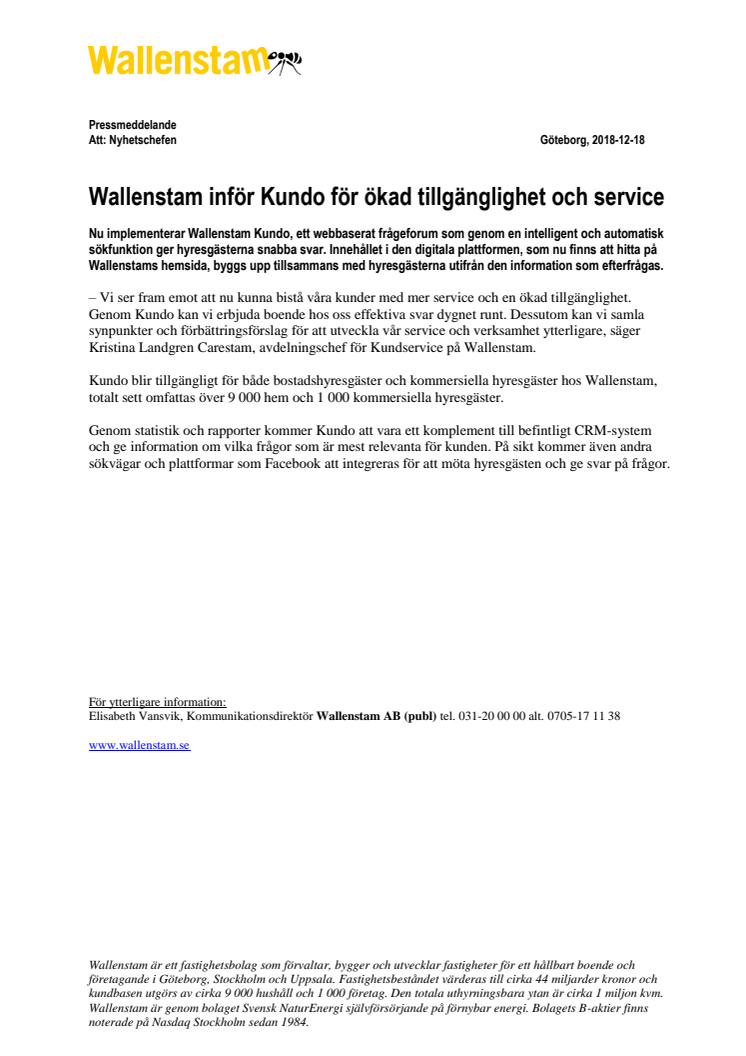 Wallenstam inför Kundo för ökad tillgänglighet och service