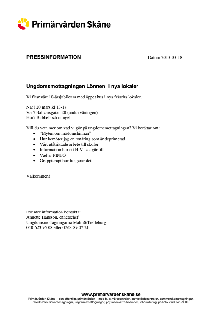 Malmö: Ungdomsmottagningen Lönnen i nya lokaler 