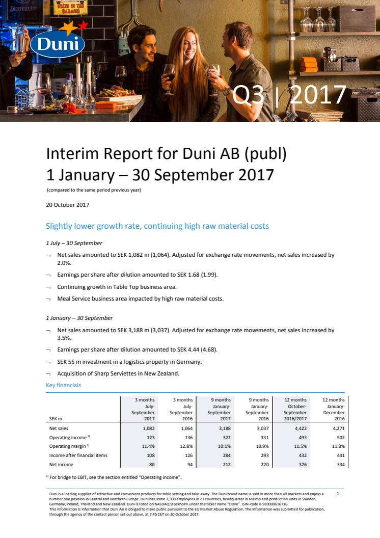 Interim Report for Duni AB (publ) 1 January – 30 September 2017