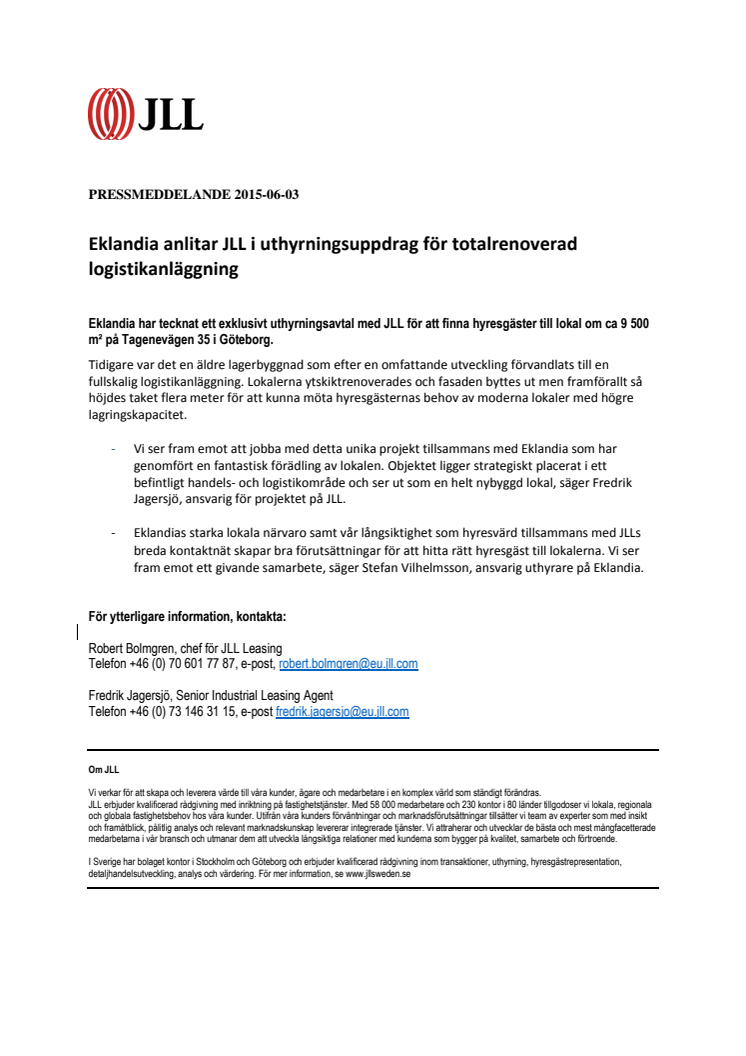 Eklandia anlitar JLL i uthyrningsuppdrag för totalrenoverad logistikanläggning