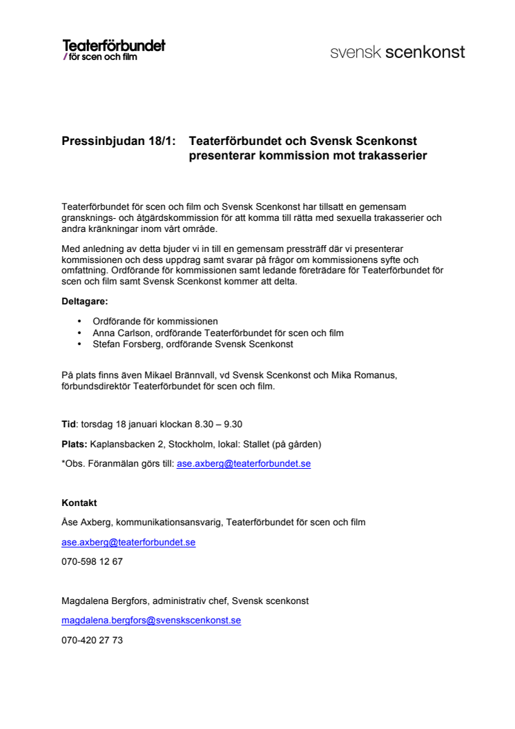 Pressinbjudan 18/1: Teaterförbundet och Svensk Scenkonst presenterar kommission mot trakasserier