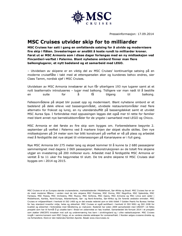 MSC Cruises utvider skip for to milliarder 