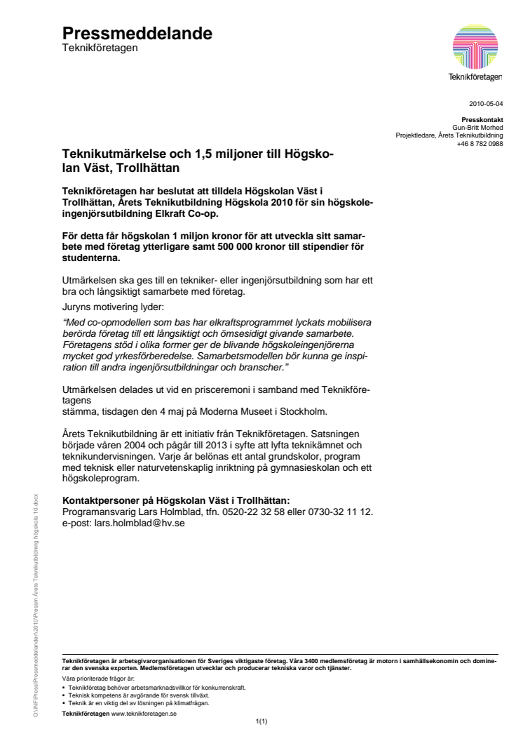 Teknikutmärkelse och 1,5 miljoner till Högskolan Väst, Trollhättan