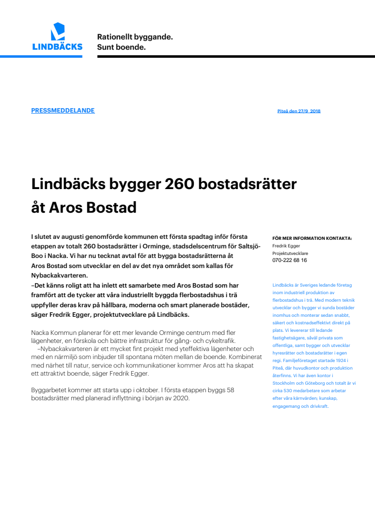 Lindbäcks bygger 260 bostadsrätter åt Aros Bostad