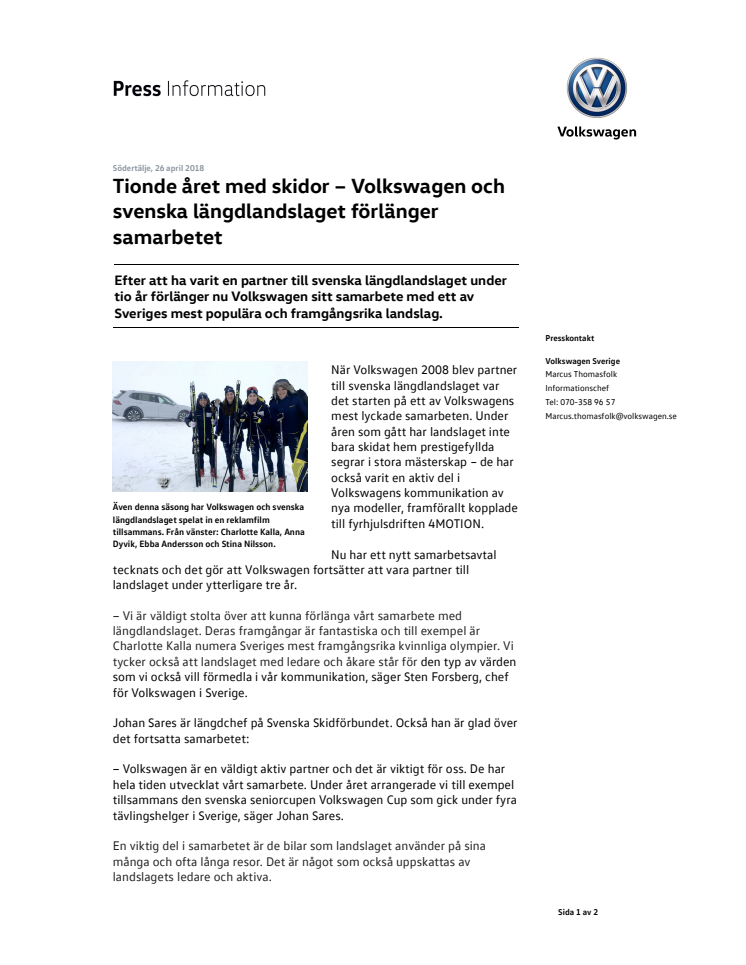Tionde året med skidor – Volkswagen och svenska längdlandslaget förlänger samarbetet