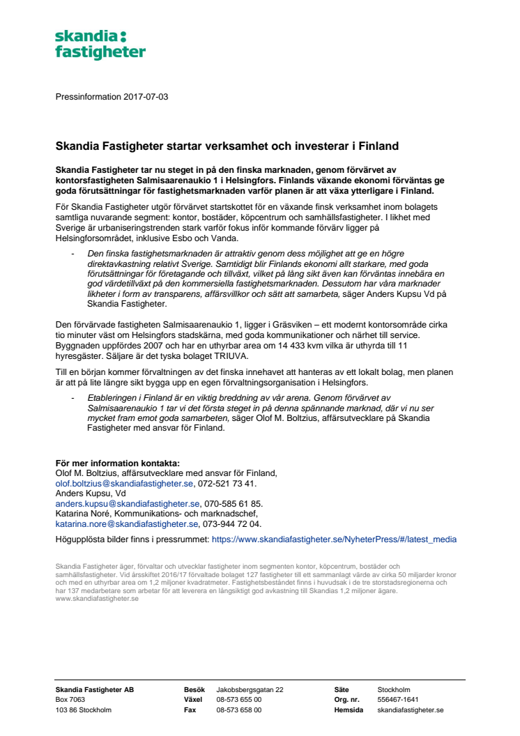 Skandia Fastigheter startar verksamhet och investerar i Finland