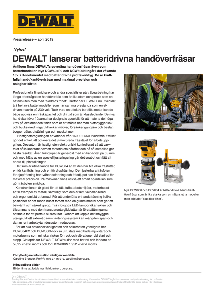 DEWALT lanserar batteridrivna handöverfräsar