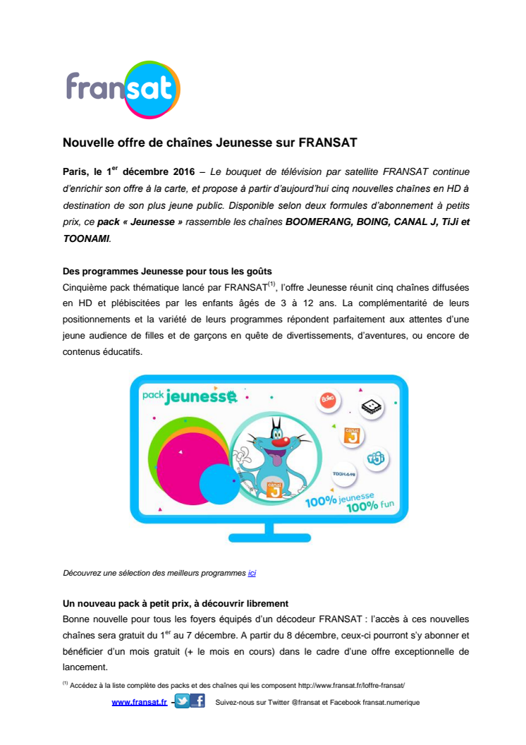 Nouvelle offre de chaînes Jeunesse sur FRANSAT