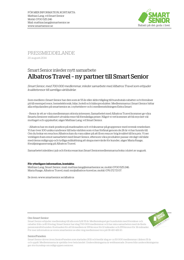Smart Senior inleder samarbete med Albatros Travel