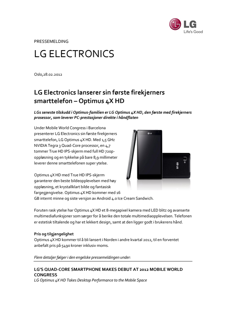 LG Electronics lanserer sin første firekjerners smarttelefon – Optimus 4X HD