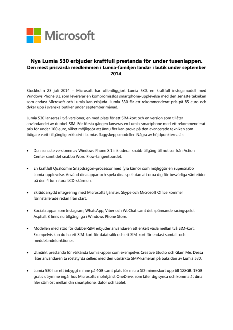Nya Lumia 530 erbjuder kraftfull prestanda för under tusenlappen