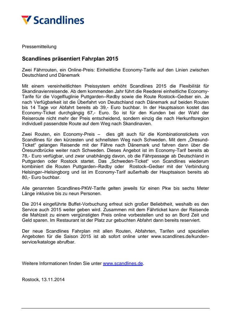 Scandlines präsentiert Fahrplan 2015 