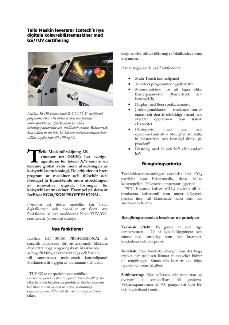 Tello Maskinförsäljning levererar Icetech’s nya digitala kolsyreblästemaskiner med GS/TÜV certifiering
