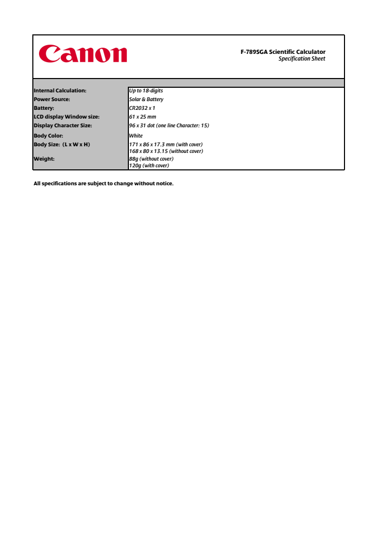 Canon Tekniska specifikationer F-789SGA