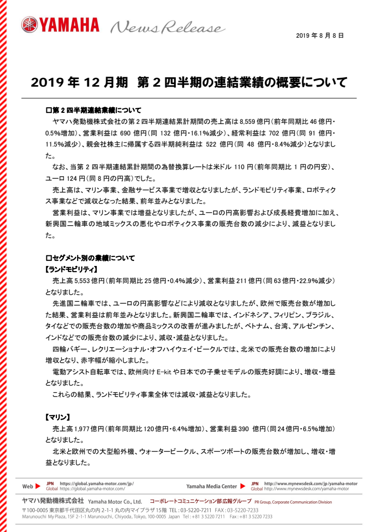 2019年12月期　第2四半期の連結業績の概要について