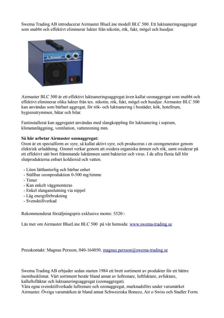 Airmaster BlueLine BLC 500, ett effektivt luktsaneringsaggregat.