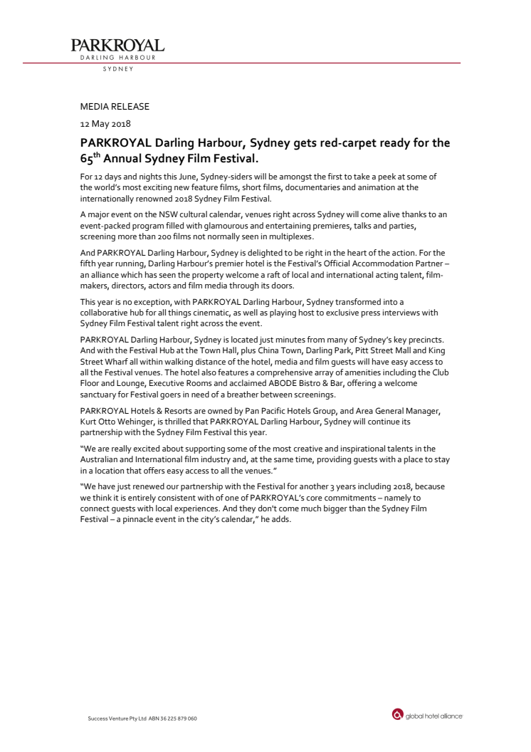 PARKROYAL Darling Harbour, Sydney gets Red-carpet Ready for the 65th Annual Sydney Film Festival.