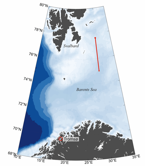 Sampling area in the western Barents Sea. The first station is at the northern end of the red transect line. map Malin Daase