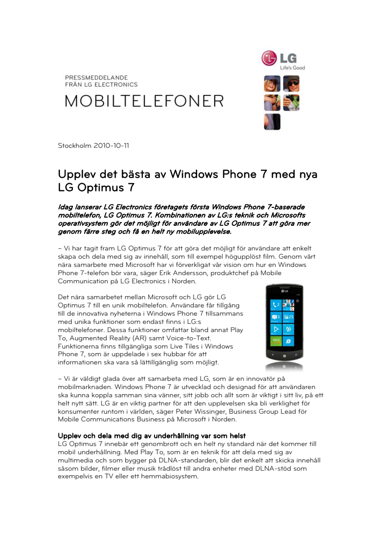 Upplev det bästa av Windows Phone 7 med nya LG Optimus 7