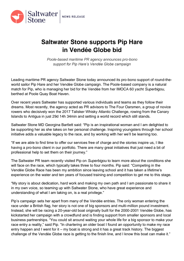 Saltwater Stone supports Pip Hare  in Vendée Globe bid