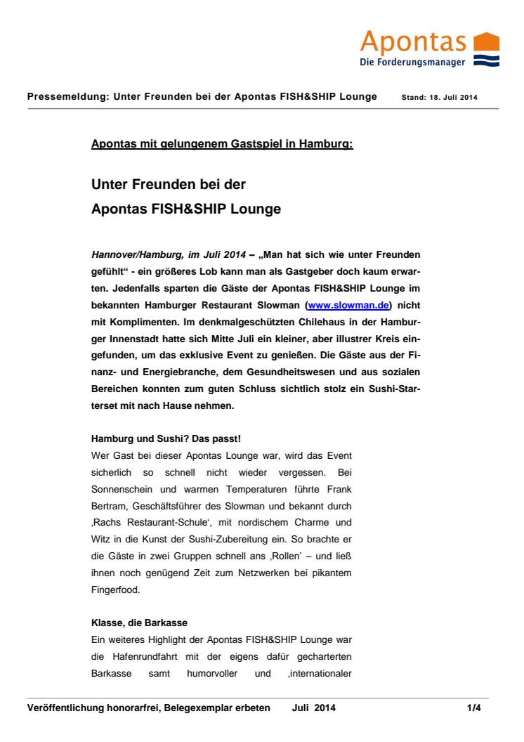 Apontas mit gelungenem Gastspiel in Hamburg: Unter Freunden bei der Apontas FISH&SHIP Lounge