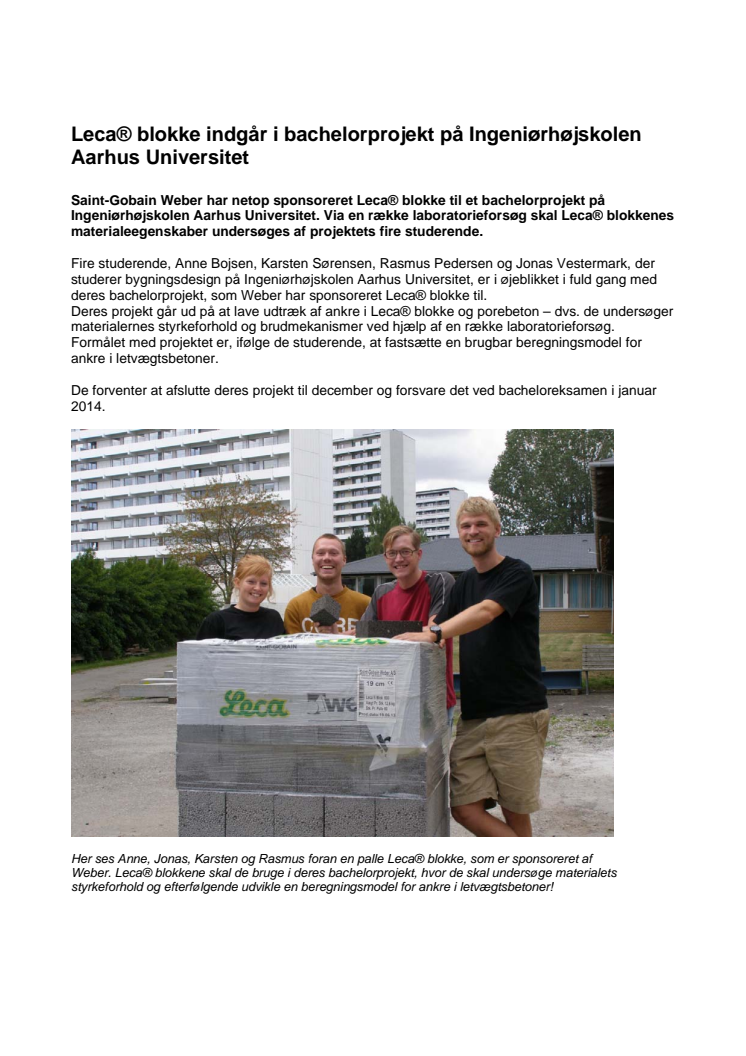 Leca® blokke indgår i bachelorprojekt på Ingeniørhøjskolen Aarhus Universitet