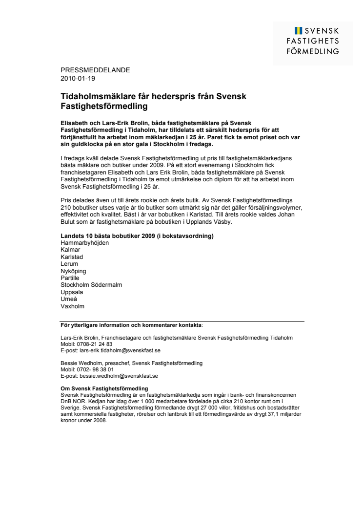  Tidaholmsmäklare får hederspris från Svensk Fastighetsförmedling 