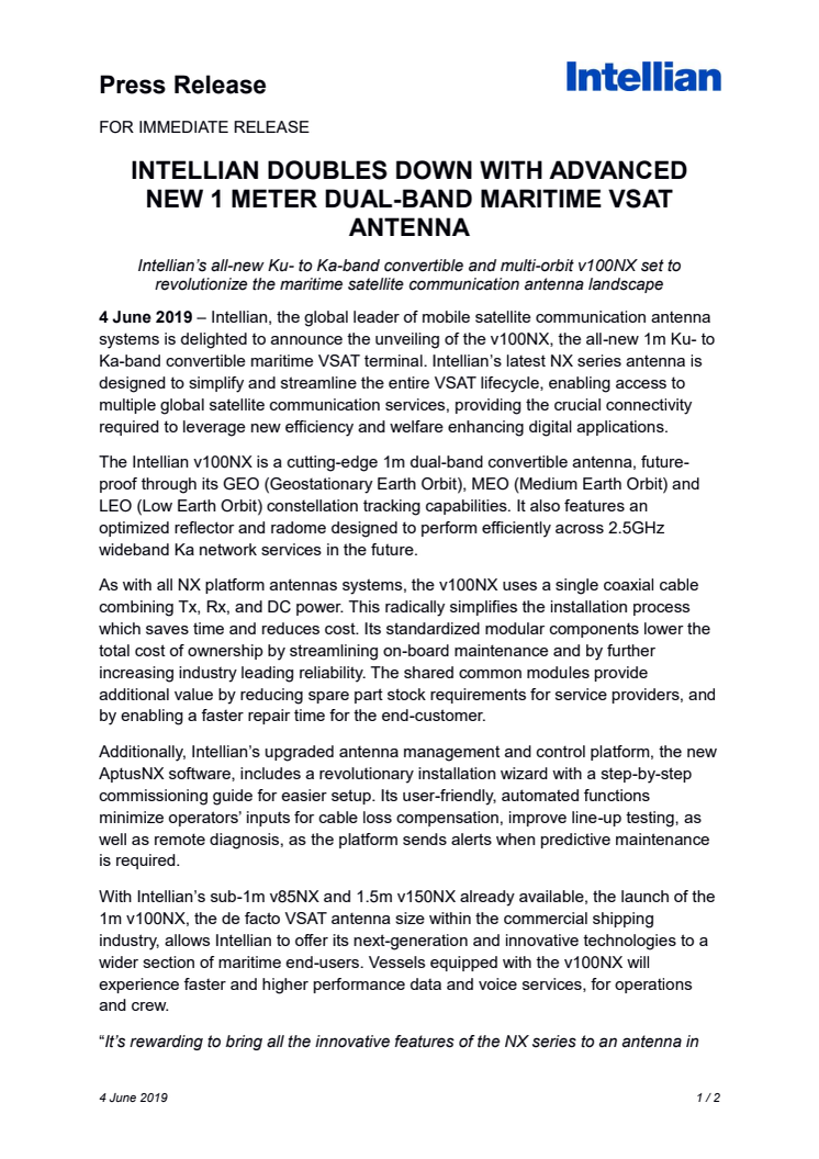 INTELLIAN DOUBLES DOWN WITH ADVANCED NEW 1 METER DUAL-BAND MARITIME VSAT ANTENNA