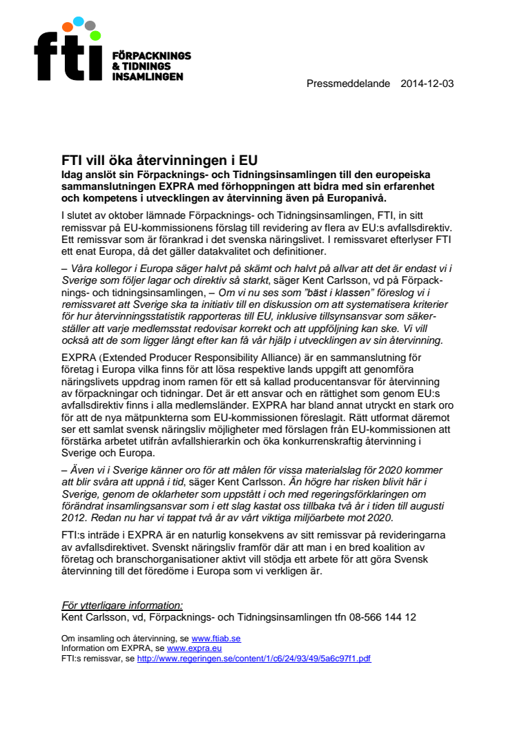 FTI vill öka återvinningen i Europa
