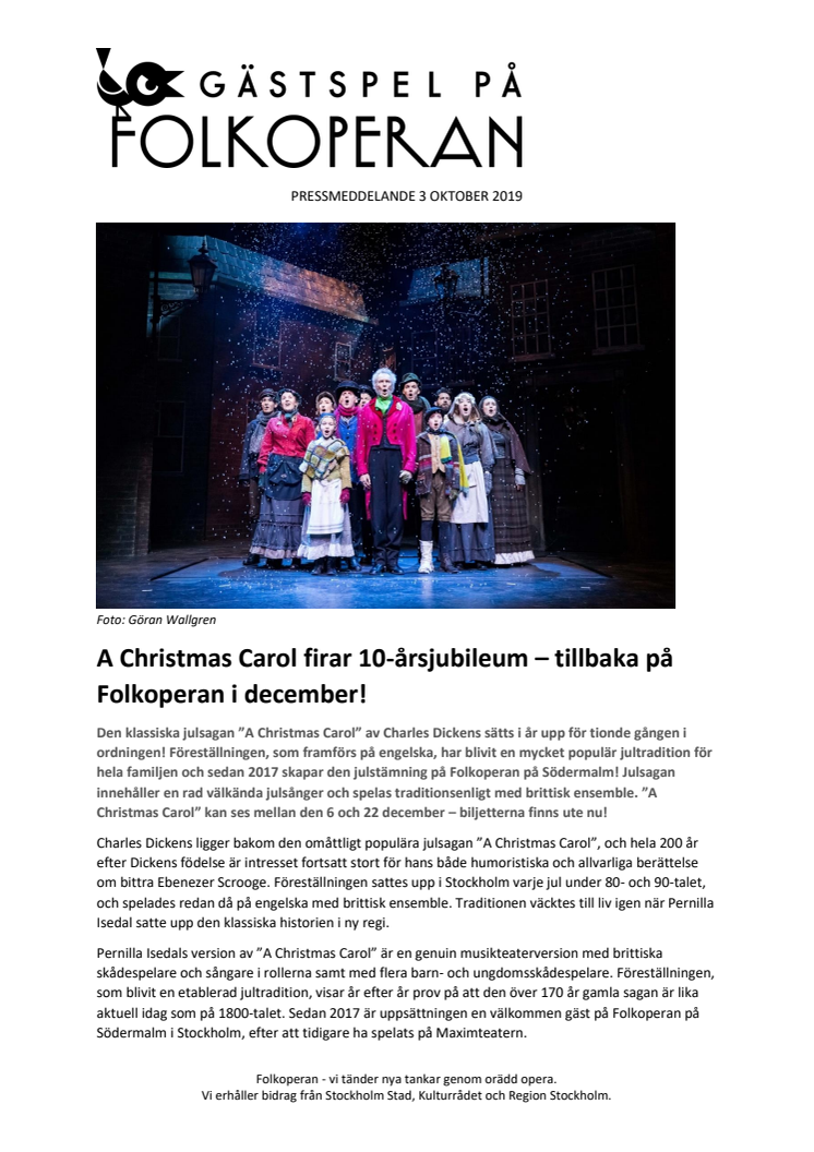 ​A Christmas Carol firar 10-årsjubileum – tillbaka på Folkoperan i december!