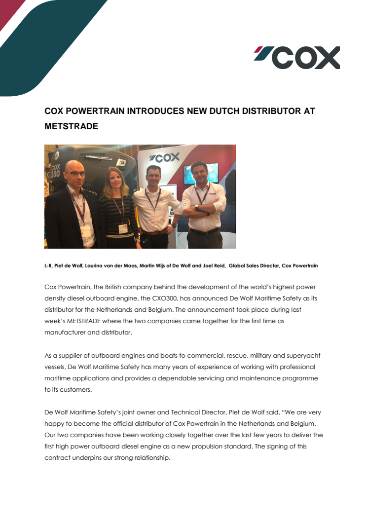 Cox Powertrain: Cox Powertrain Introduces new Dutch Distributor at METSTRADE