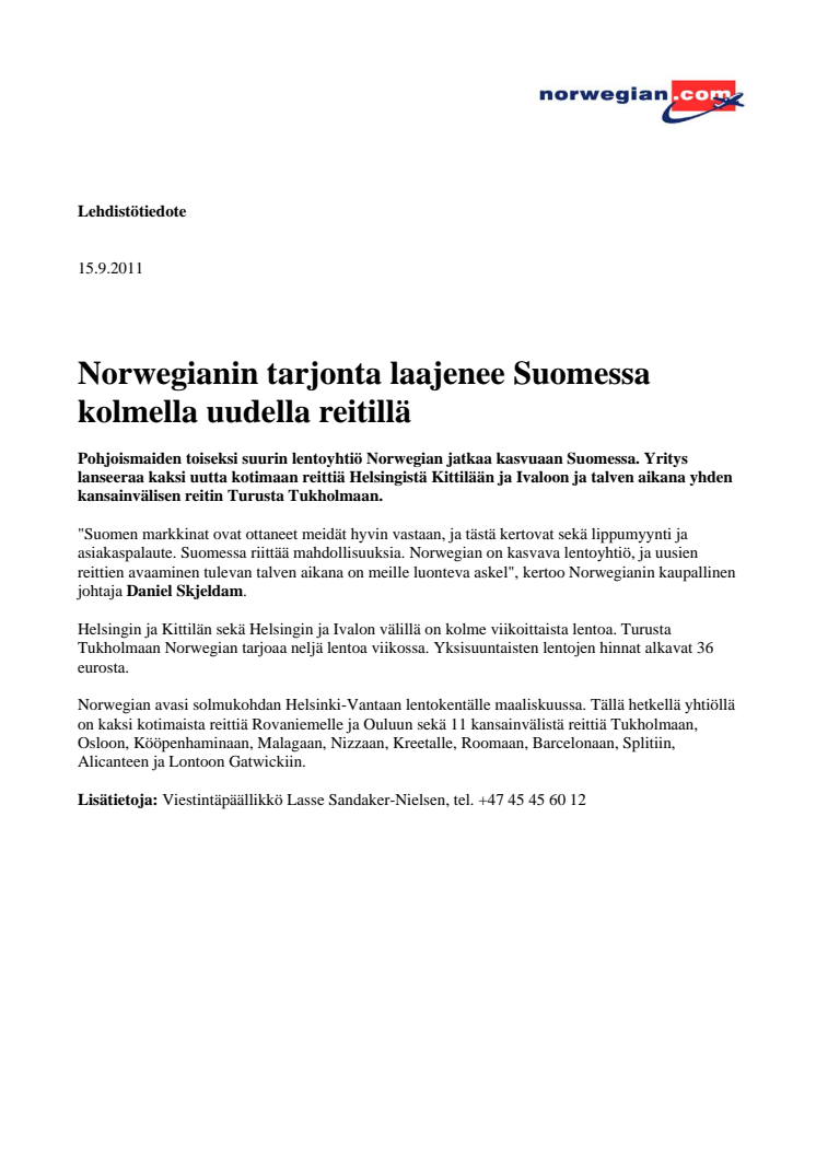 Norwegianin tarjonta laajenee Suomessa kolmella uudella reitillä