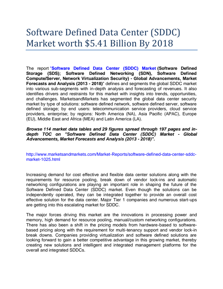 Software Defined Data Center (SDDC) Market Poise $5.41 Billion By 2018